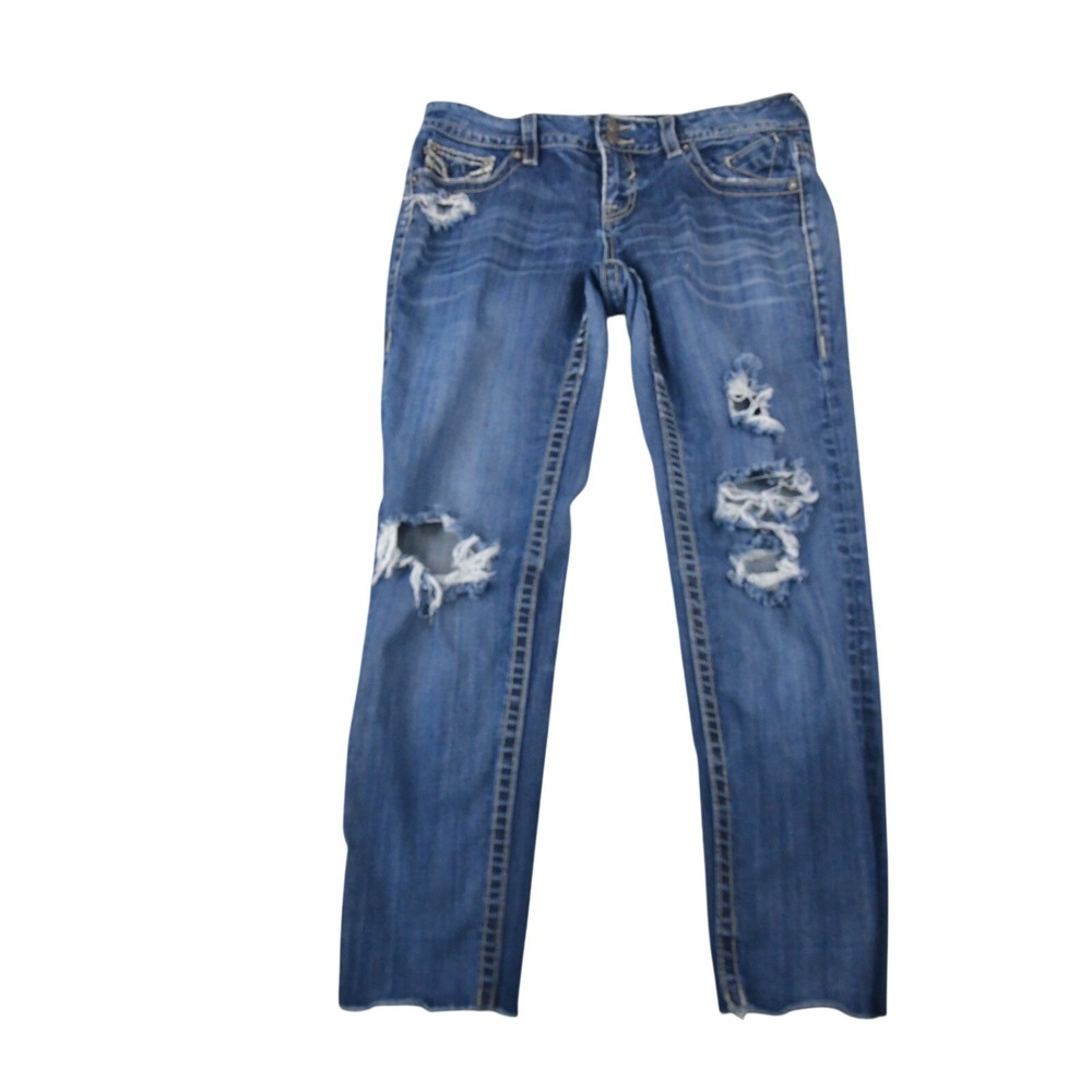 Vigoss Jeans Women 30 Blue Good Distressed Ripped Raw Hem Low Rise Skinny Denim